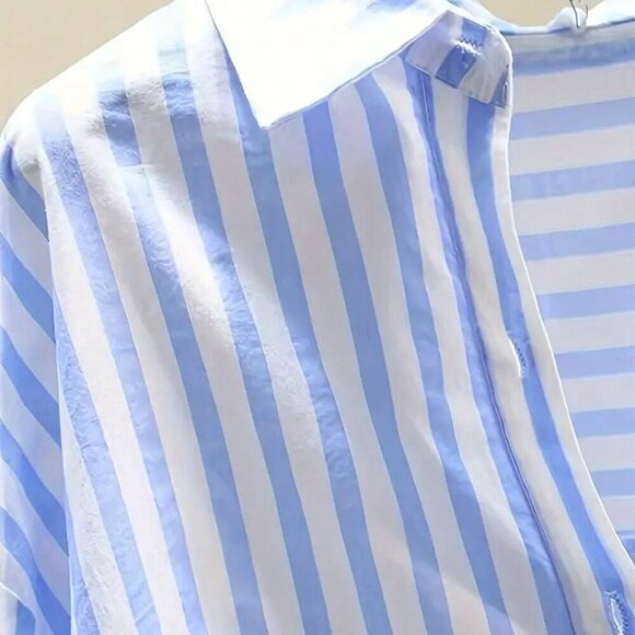 Blue Casual Women's Striped Print Long Sleeve Chest Pocket Shirt - Picture 3 of 3